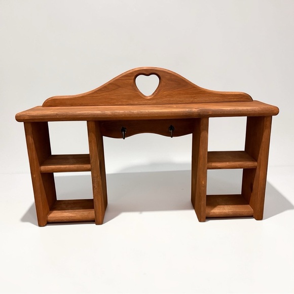 Handmade Other - Vtg 1980 Heart Cutout Solid Wood Wall Display Shelf Organizer W/ Hooks & Cubbies